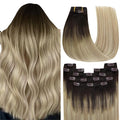 YoungSee Hair Extensions Clip ins Brown Ombre Clip in Hair Extensions Real Human Hair Medium Brown Ombre Golden Blonde Mix Platinum Blonde Clip in Extensions Straight Hair for Women 16Inch 120G