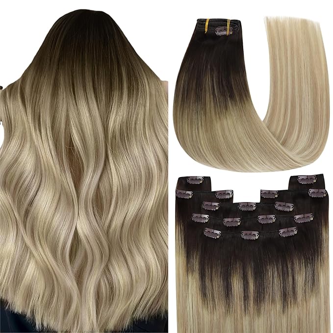 YoungSee Clip in Human Hair Extensions Ombre Real Human Hair Extensions Clip ins Medium Brown Ombre Golden Mix Platinum Blonde Balayage Clip on Hair Extension Ease of Use 14In 120G 7Pcs