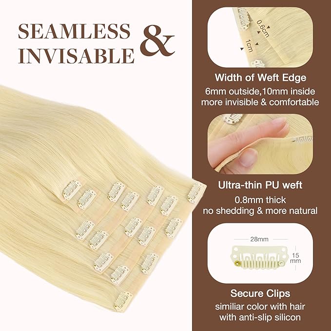 GOO GOO Clip in Hair Extensions Real Human Hair, Remy Human Hair Extensions Clip ins for Women, Natural Human Hair, 16inch 130g 7Pcs, 613R Bleach Blonde