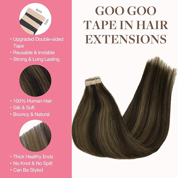 GOO GOO Tape in Hair Extensions Human Hair, 2/6 Dark Brown Highlighted Chestnut Brown, 14inch 50g 20pcs, Thick Ends Straight Seamless, Invisible Tape in Hair Extensions