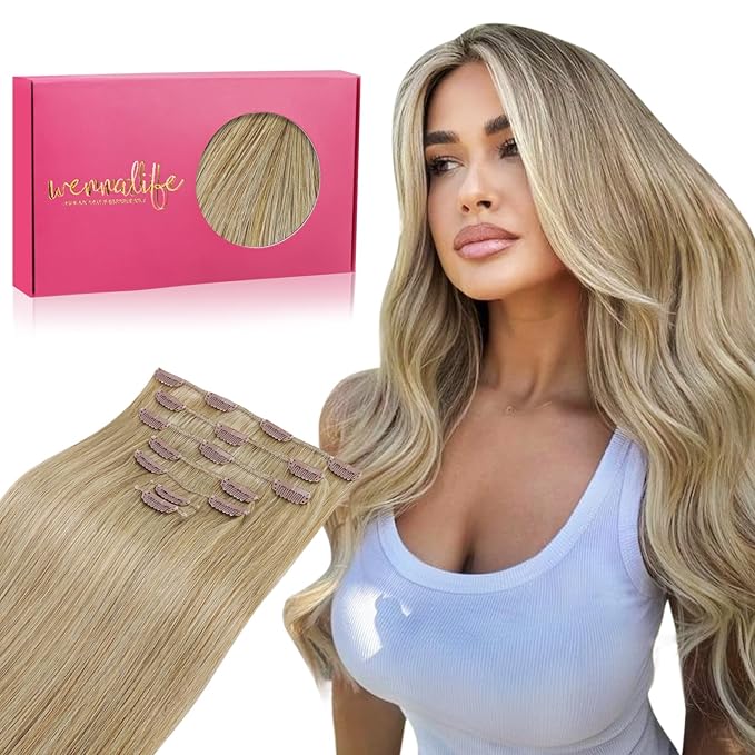 WENNALIFE Clip in Hair Extensions Real Human Hair, 24 Inch 120g 7pcs Clip in Hair Extensions Real Human Hair, Mixed Multi-tone Ash Brown Human Hair Remy Hair