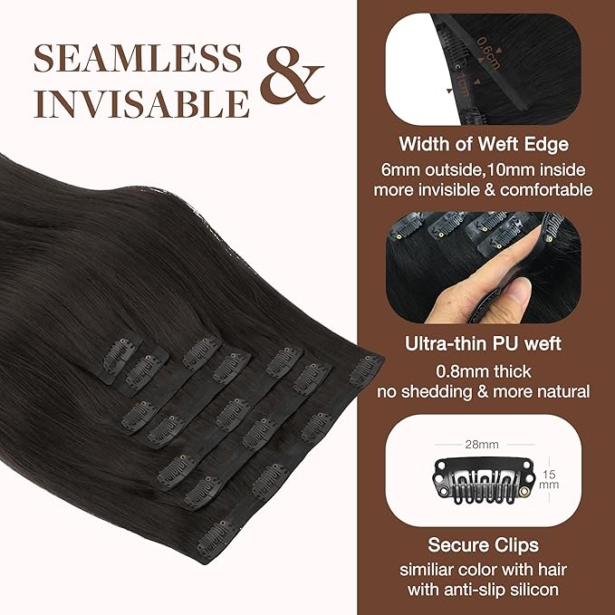 GOO GOO Clip in Hair Extensions Real Human Hair, Remy Human Hair Extensions Clip ins for Women, Natural Human Hair, 22inch 150g 7Pcs, 2 Dark Brown