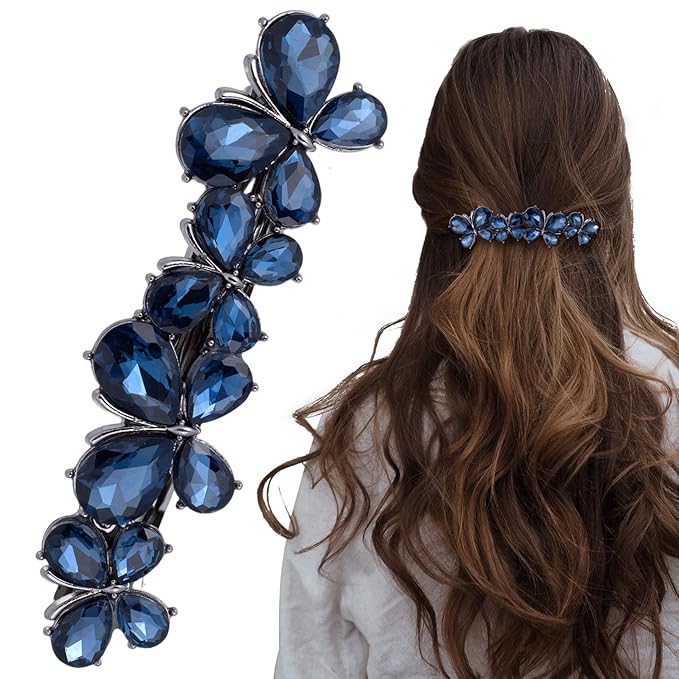 Joez Wonderful Rhinestone Hair Clip Sparkly Crystal Barrettes French Wedding Prom Engagement Pageant First Communion Hair Decorative Accessories for Women Bride Thick Long Hair (Butterfly Blue, 1 Pcs)