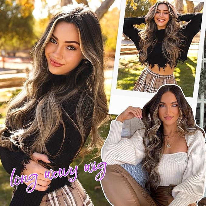 Dark Brown Mixed Blonde Wig for Women Long Wavy 4x1 Lace Natural Hairline Glueless for Beginners Middle Part Synthetic for Daily Party Use 26Inch