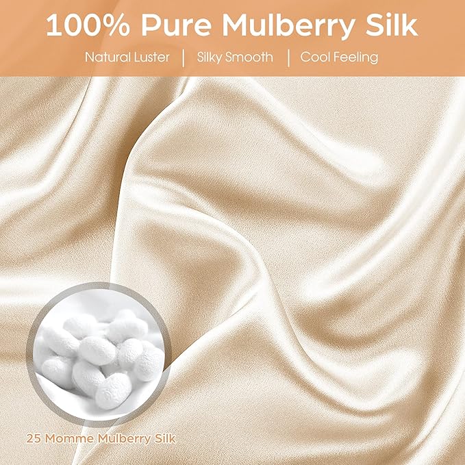 Silk Pillowcase for Hair and Skin, 2 Pack 100% Mulberry Silk Pillowcase 25 Momme, 600 Thread Count, Both Side Pure Silk Pillow Cover with Hidden Zipper (Beige, Standard 20''×26'')