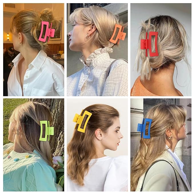 3.5 Inch Square Hair Clips for Women 6 Pack Hair Claw Clips Medium Claw Clips for Thick Thin Hair Rectangle Banana Jaw Hair Accessories for Women Girls -Dopamine