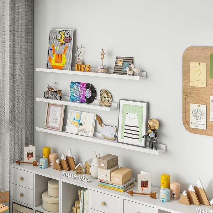 Solid Ash Wood Picture Ledge Shelf, Wood Floating Shelves Set of 2, 48 Inch Long Large Photo Ledge Shelves, Nursery Book Shelves Wall Mounted for Living Room Kids' Bedroom Decor, White