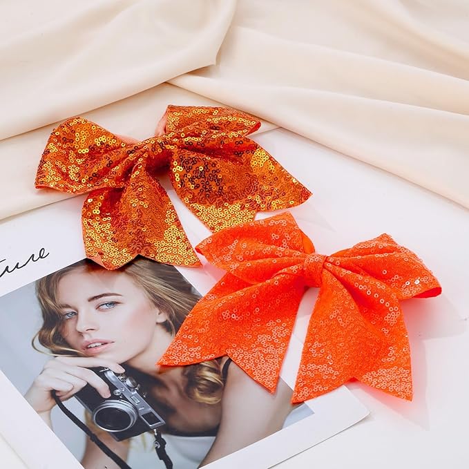 Large Glitter Cheer Bows Clips, Jumbo Big 7 Inch Cheerleading Sequin Hair Bow Hair Accessories for Teens Girls Football Sports Cheerleader Outfit Uniform (Orange)