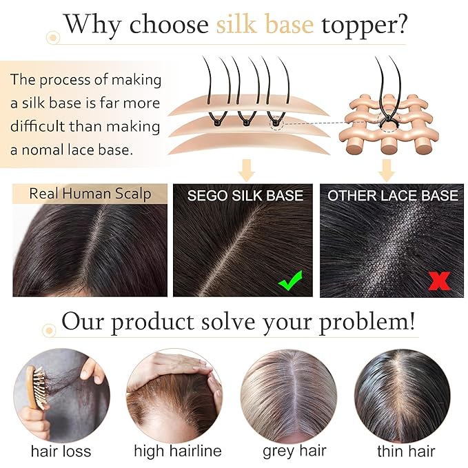 SEGO Hair Toppers for Women Real Human Hair With Bangs, 7 * 13CM Silk Base 100% Remy Human Hair Clip in Top Wiglet Hairpieces Add Volume -12 Inch Light Brown