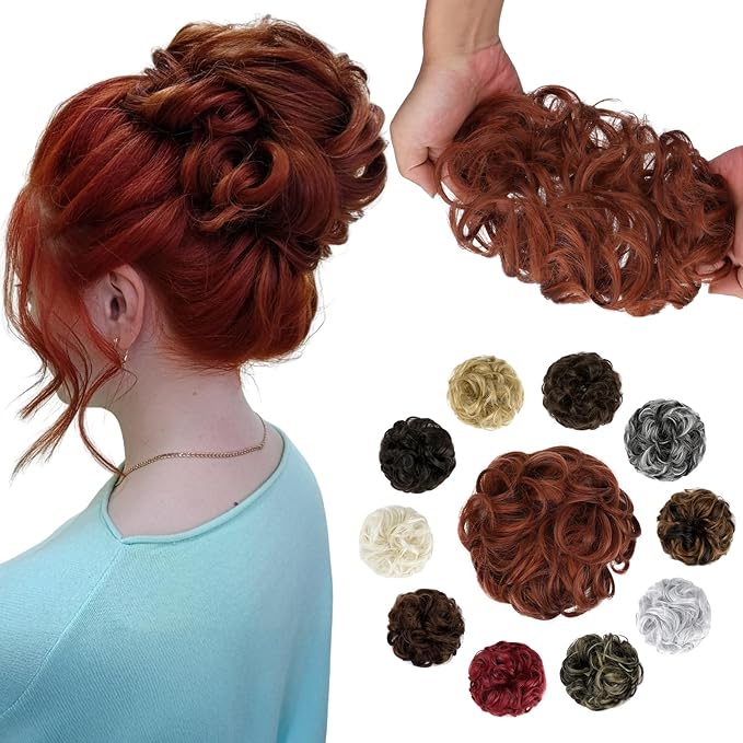 Messy Bun Hair Piece Wavy Curly Scrunchies Fluffy Donut Thick Updo Elegant Chignon Hairpieces for Women Girls, Light Brown Mix Light Auburn 1.4oz