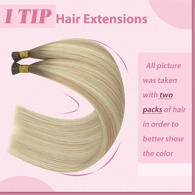 YoungSee Itip Human Hair Extensions Ombre I Tips Hair Extensions Human Hair Balayage Blonde with Platinum Blonde I Tip Extension 22In 50g 50s Invisible Hair Extension for Wedding