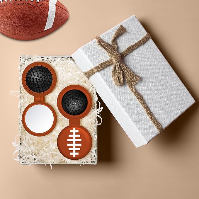 12 Pcs Football Mini Detangler Brush, Folding Mirror Hair Brushes, Travel Hair Brush, No Tangle Soft Flexible Bristles for Straight, Curly, Thick Hair for Football Team Gift Sport Party