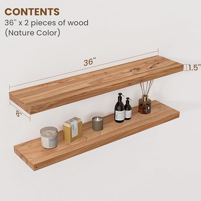 Floating Shelves for Wall Decor, 8" Deep Rustic Solid Elm Wood Floating Shelves Wall Mounted, Wall Shelves with Invisible Bracket for Living Room Bathroom Bedroom Kitchen, 36 Inch Set of 2, Natural