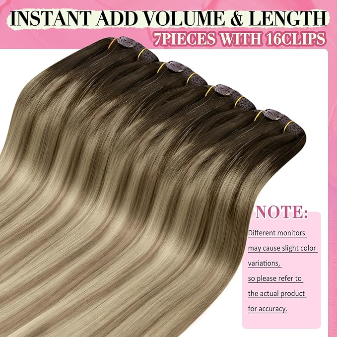 YoungSee 150G Clip in Human Hair Extensions Balayage Walnut Brown Ombre Light Brown with Blonde Long Human Hair Clip in Extensions Balayage Clip in Hair Extensions Straight Hair 24inch 7pcs