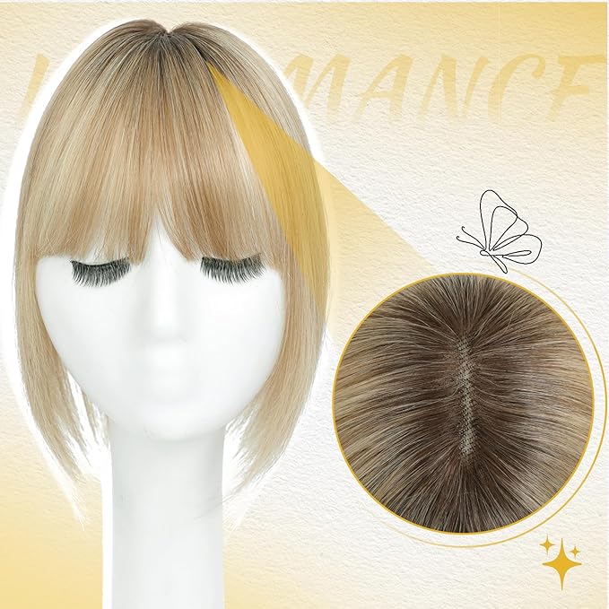 Hair Toppers for Women Real Human Hair Toppers for Women with Thinning Hairs Clip in Bangs 10 inch Swiss Base Hairpieces Loss Cover(Medium Brown to Creamy Iced Blone)#4T1016