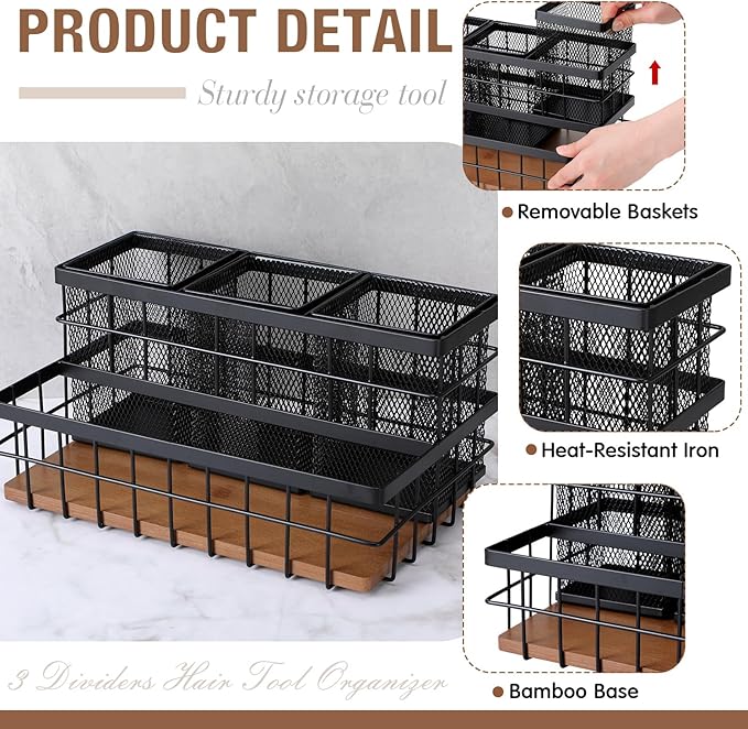 2 Pcs Hair Tool Organizer Countertop Breathable Metal & Bamboo Hot Tools Organizer Under Sink Bathroom Hair Dryer Holder Countertop Brush Comb Holder,Makeup Tray (Koa Wood,Black)