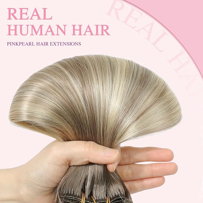 PINKPEARL Human Hair Clip in Hair Extensions 20inch #8T60 Ash Brown to Platinum Blonde Balayage Clip in Hair Extensions Real Human Hair 7pcs 120g Natural Remy Human Hair(#8T60-20)