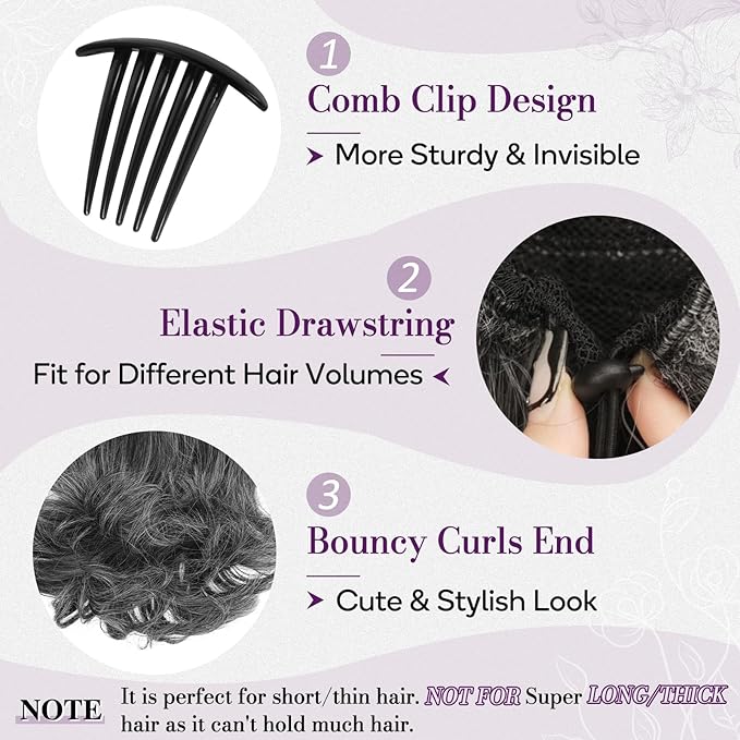 BARSDAR Short Gray Ponytail Extension - 10 Inch Wavy Drawstring Ponytail Hair Extensions for Women - Synthetic Comb Clip in Ponytail Hairpieces Fake Pony Tails Daily - Dark Gray Mixed