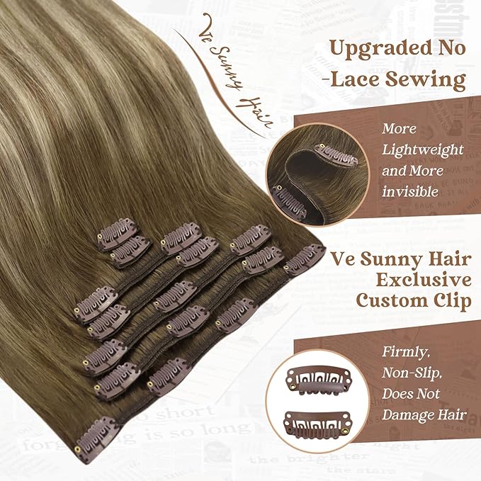 Ve Sunny Clip in Human Hair Extensions Balayage Clip in Hair Extensions Real Human Hair 24 Inch Long Straight Remy Hair Extensions Clip ins Dark Brown to Light Brown with Blonde 120g 7Pcs