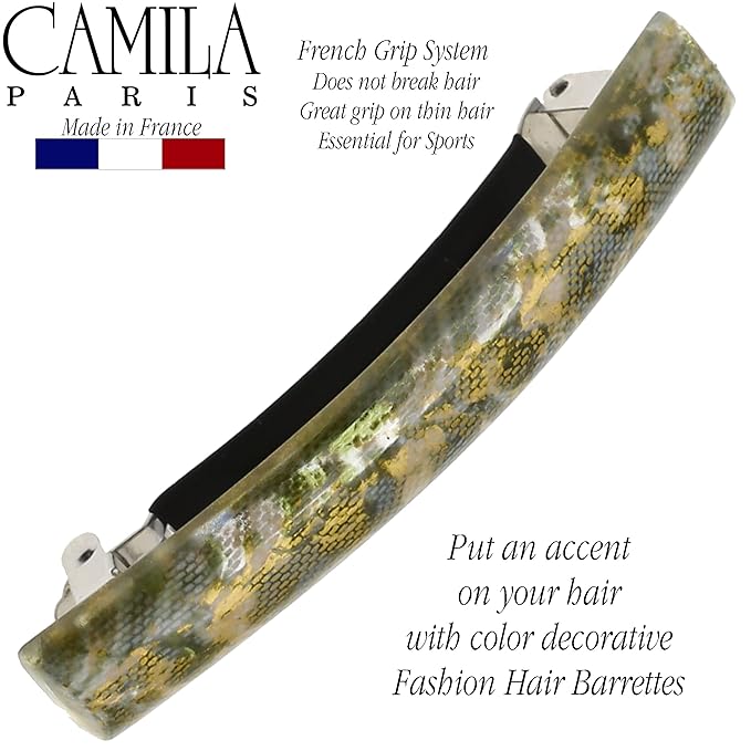 Camila Paris CP3447 French Hair Barrette Clip for Girls Green Flower, Rubberized Metal Clasp Strong Hold Grip Hair Clips for Women, No Slip Durable and Styling Girls Hair Accessories, Made in France