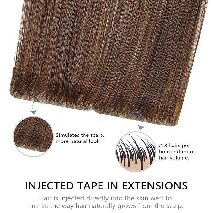 COOKAYU Invisible Tape in Hair Extensions Real Human Hair, Injected Tape in Extensions Medium Brown 16Inch 35g 20pcs Seamless Invisi Edge
