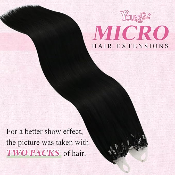 YoungSee Microlink Hair Extensions Human Hair Black Micro Bead Hair Extensions Jet Black Beaded Hair Extension Short Hair 14Inch 50s 50g Micro Ring Human Hair Extension for Adding Volume