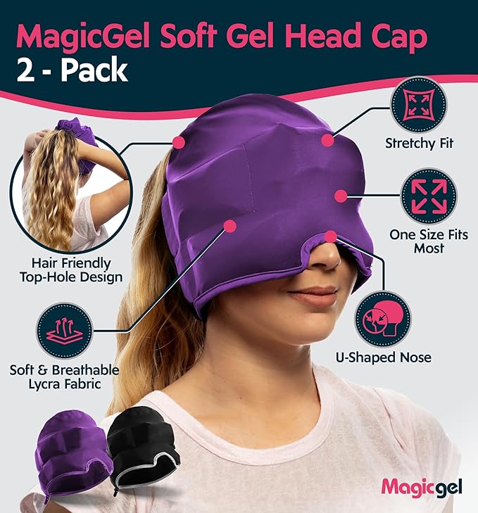 Magic Gel Migraine Ice Head Wrap | Real Migraine & Headache Relief | The Original Headache Cap | Cold, Comfortable, Dark & Cool; Endorsed by Physicians, Loved by Thousands - (2 Pack, Black & Purple)