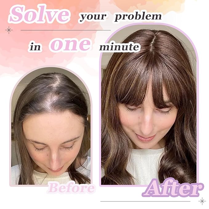 Hair Topper, 360° 3D Hair Toppers for Women with Thinning Crown, 20 Inch Long Wavy Curly Hair Pieces Clip in Bangs (Ash Blonde Mix Highlights with Brown Root, 20 inch, French Bangs)
