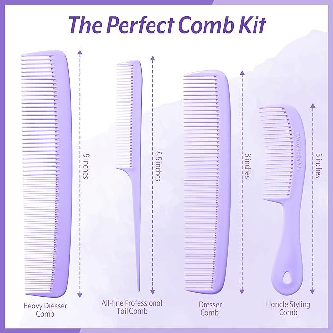 Mars Wellness 4 Piece Professional Comb Set Lavender - USA MADE - Fine Pro Tail, Dresser Hair Comb Styling Comb - Premium Grade for Men and Women - Parting Teasing and Styling - Lavender