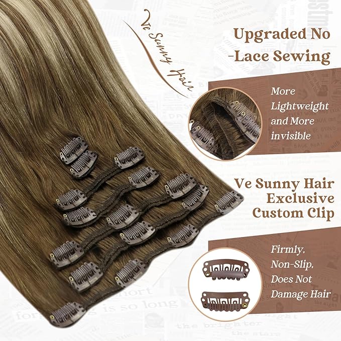 Ve Sunny Clip in Hair Extensions Balayage Human Hair Clip in Extensions Ombre Chestnut Brown to Platinum Blonde Clip in Hair Extensions Real Human Hair for Holiday Party 120g 7pcs 16inch