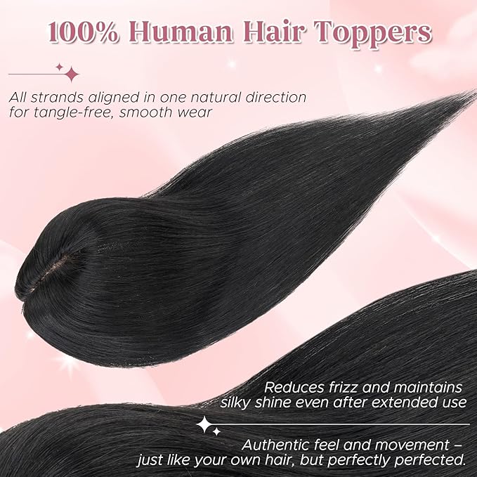 Real Human Hair Toppers for Women 3.54"*4.72" Silky Base 150% Density No Bangs Adjustable Parting Clip-In Topper Hairpieces for Women with Thinning Hair 10 Inches Dark Black