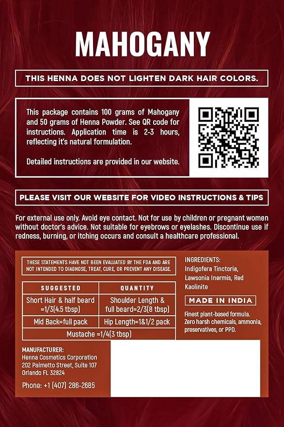 Natural Henna Hair Color Dye, 100% Pure Henna Powder for Hair Growth Organic (Mahogany, 100 Gr + Free 50 Gr.)