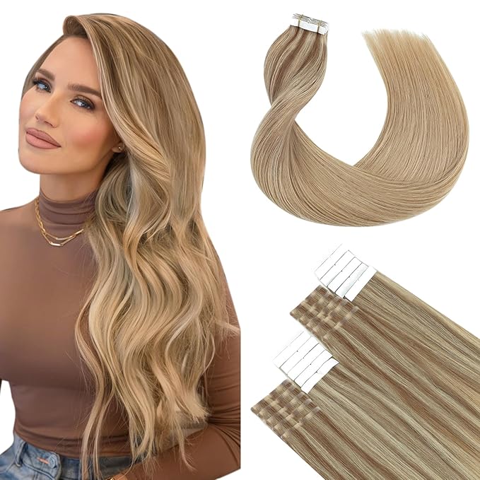 SURNEL Tape in Extensions Human Hair Balayage Golden Brown Highlighted Fading to Golden Blonde Tape in Hair Extensions 18inch 20 pcs 50g(#10/16/16-18)