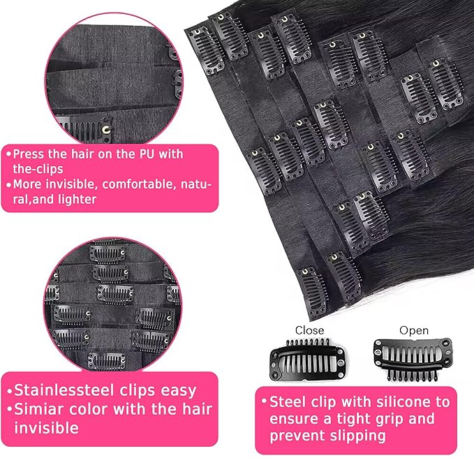 Seamless Clip In Hair Extensions Real Human Hair PU Weft Body Wave Clip In Hair Extensions Human Hair 8pcs with 18Clips Per Set 120g(18inch,Natural Black)