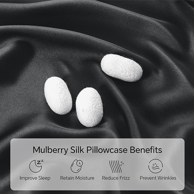 INFIIXSO Mulberry Silk Pillowcase for Hair and Skin, Silk Pillow Cases Queen Size Set of 2 with Hidden Zipper 20x30 Inches, Ultra Smooth and Soft Cooling Pillow Cases for Hot Sleepers(Black, 2 Pack)