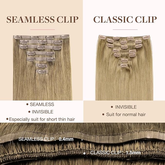 GOO GOO Clip in Hair Extensions Real Human Hair, Remy Human Hair Extensions Clip ins for Women, Natural Human Hair, 14inch 110g 7Pcs, 7 Bronde