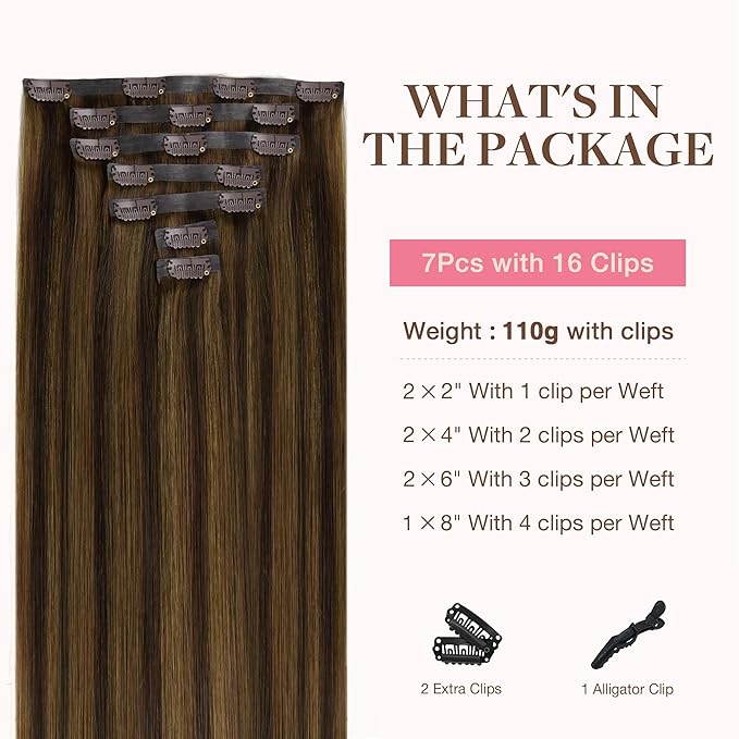 GOO GOO Clip in Hair Extensions Real Human Hair, Remy Human Hair Extensions Clip ins for Women, Natural Human Hair, 24inch 120g 7Pcs, 2C/4E/6C Brown Sugar Swirl Highlights