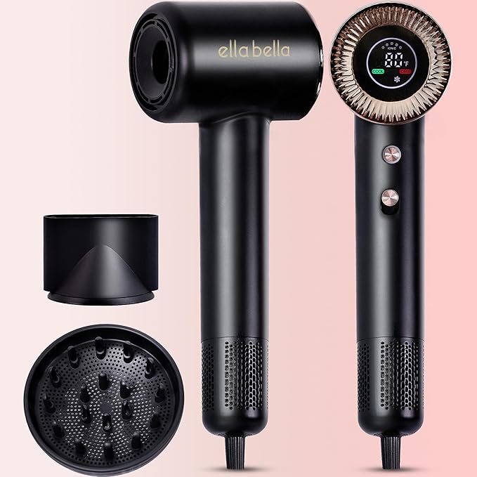 ELLA BELLA® Compact Plasma Hair Dryer, Advanced Plasma Technology Blow Dryer with Digital Display, Rapid Drying, Low Noise, & Luxury Velvet Travel Bag - Includes Diffuser & Nozzle- for All Hair Types