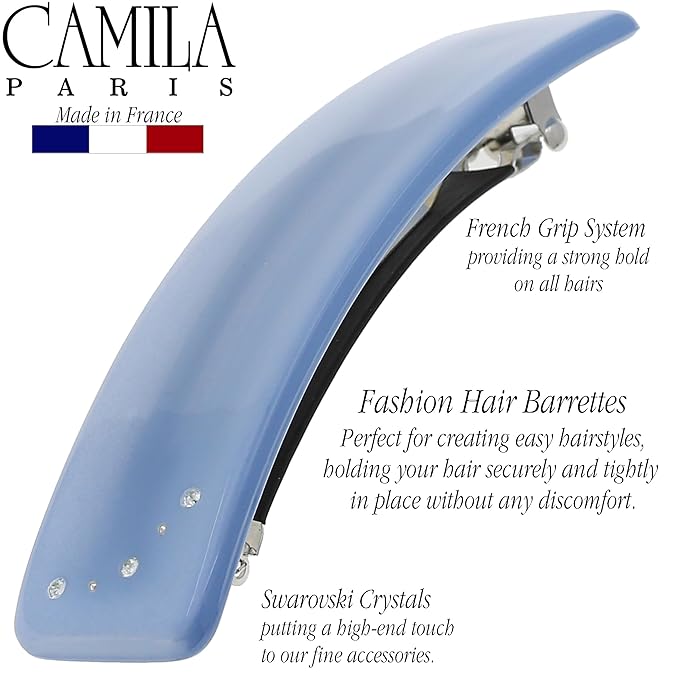 Camila Paris CP3444 French Hair Barrette Clip for Girls, Blue, Rubberized Automatic Clasp Strong Hold Grip Hair Clips for Women, No Slip and Durable Styling Girls Hair Accessories, Made in France