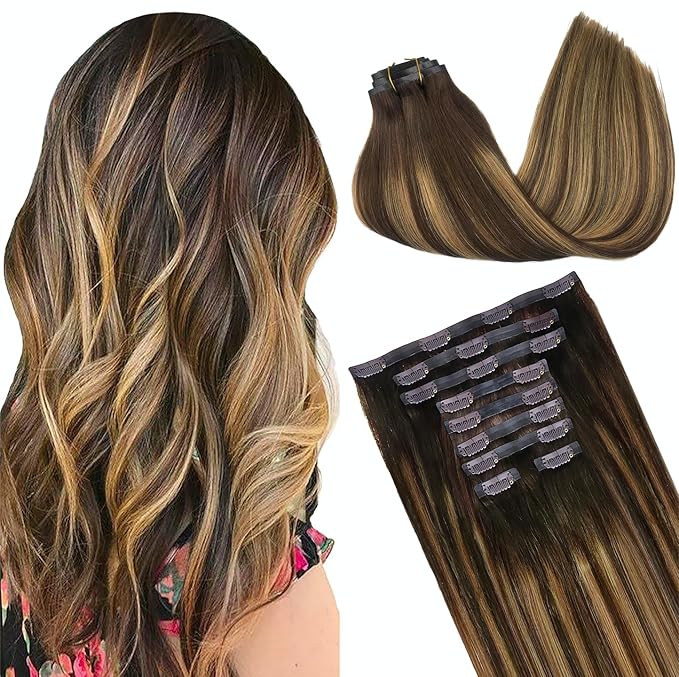 GOO GOO Clip in Hair Extensions Real Human Hair, Remy Human Hair Extensions Clip ins for Women, Natural Human Hair, 20inch 180g 9Pcs, #4/27/4 Balayage Chocolate Brown to Caramel Blonde