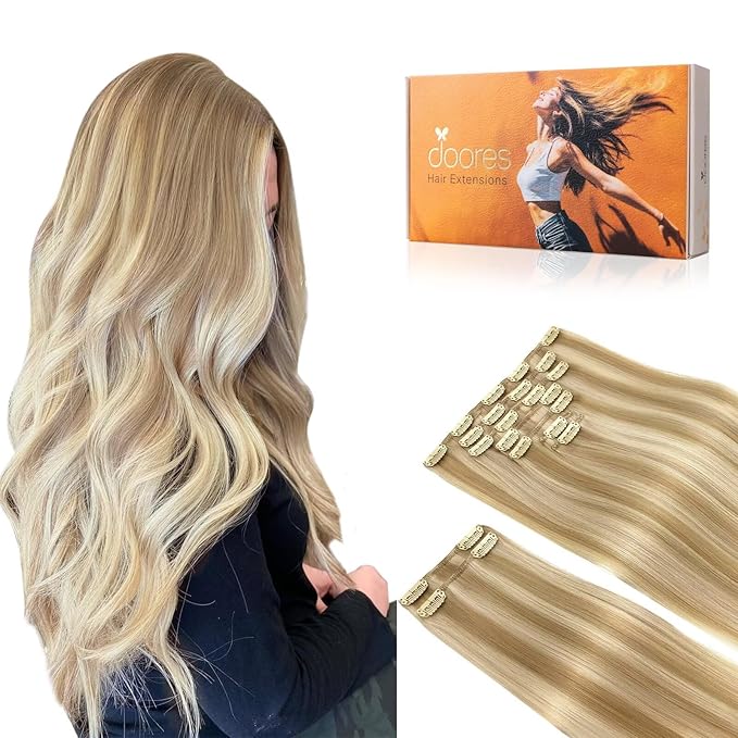 DOORES Clip in Human Hair Extensions, Dark Blonde Highlighted Bleach Blonde 150g 9pcs 20 Inch, Remy Hair Extensions Clip in Real Natural Hair Extensions Straight Thick