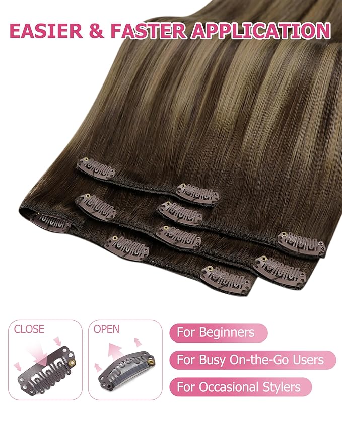 YoungSee 135g Clip in Human Hair Extensions Silky Straight Human Hair Clip in Extensions Balayage Chocolate Brown Mix Caramel Blonde Clip ins Real Hair Extension Brown Add Volume 16inch