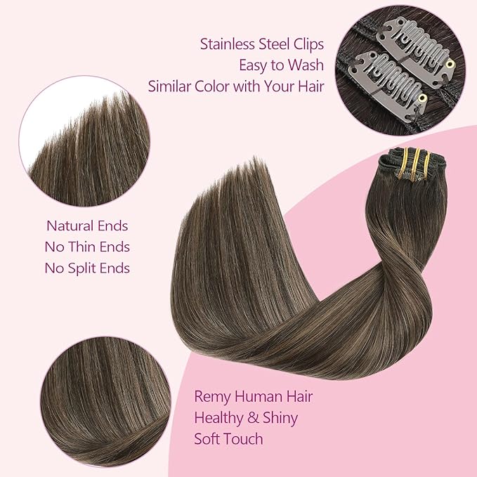 PINKPEARL Clip in Hair Extensions Human Hair Extensions, #2/6/2 Balayage Dark Brown to Chestnut Brown 120g 7pcs 14 Inch Real Human Hair Extensions Clip in Straight Remy Silky Weft(#2/6/2-14)