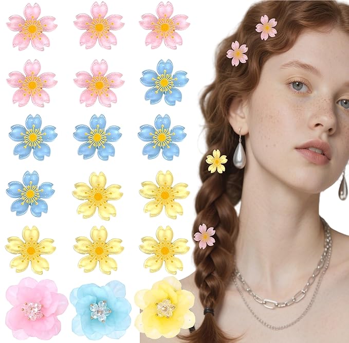15PCS cherry blossom hair clip & 3PCSCamellia Flower y2k Hair Clips Set - Pink Blue Yellow Hard Floral Barrettes, Birthday Accessories Cute Flower Hair Clip for Toddler/Kids Girls