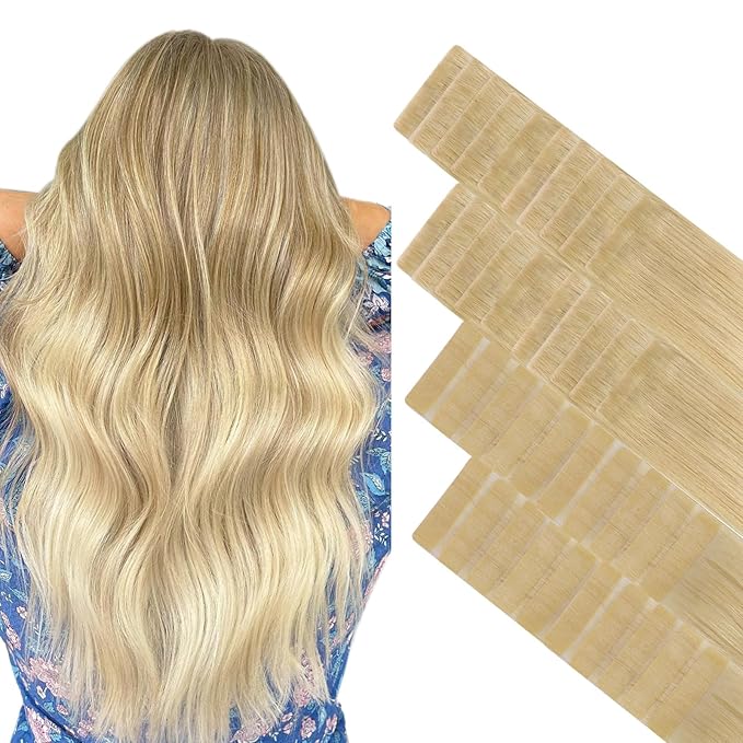 GOO GOO Invisi Edge Tape in Hair Extensions Human Hair, 18AT60A Pearl Ash Blonde Highlights 20pcs injected with 20pcs classical tape ins, 14inch 100g, Virgin Remy Hair, Natural Look