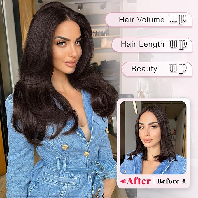 ALXNAN Long Wavy Layered Hair Extensions for Women, Clip in Hair Extensions Clip Ins Soft Full Head Synthetic Hairpieces 16 Inch Dark Brown