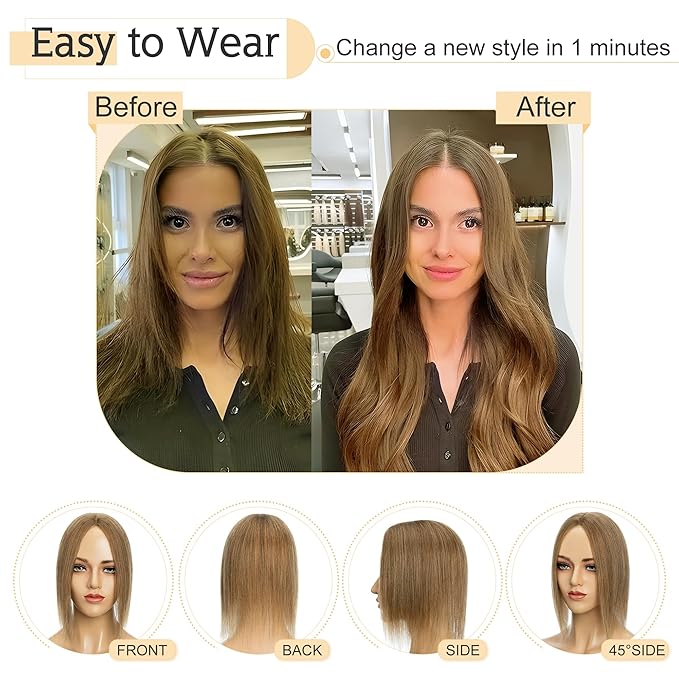 SEGO Human Hair Toppers for Women With Thinning Hair, 7 * 13CM Silk Base 100% Real Human Hair Clip in Top Wiglet Hairpieces /16 Inch No Bangs Light Brown