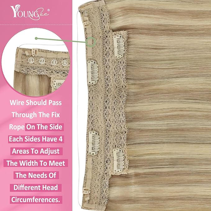 YoungSee Wire Human Hair Extensions Golden Blonde Wire Hair Extensions Real Human Hair Light Blonde Highlights Golden Blond Fish Line Hair Extension Soft Hair 80G 18In