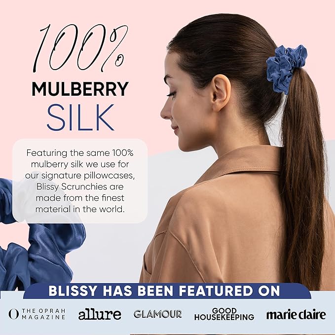 Blissy Silk Scrunchies (3 Pack) - 100% Pure Mulberry Silk - 22 Momme 6A High-Grade Fibers Scrunchie for Straight & Curly Hair - Preventing Breakage, Tangling, & Creasing (Blue Regular)