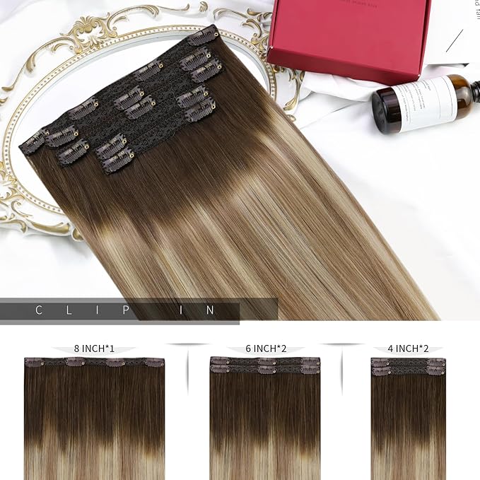 Moresoo Clip in Hair Extensions Remy Double Weft Human Hair Clip in Extensions Balayage Straight Hair Extensions for Women Ombre Brown to Light Brown with Blonde 5pcs 80g 12inch